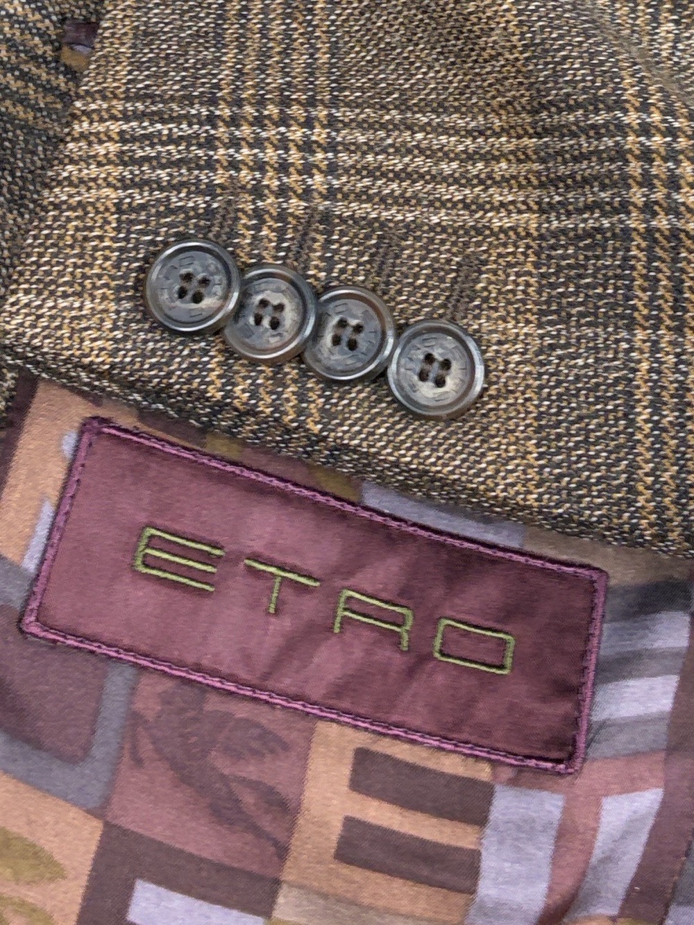 Etro Sport Coat Mens 44L Brown Glencheck Plaid Wool Blazer Silk Lined Italy